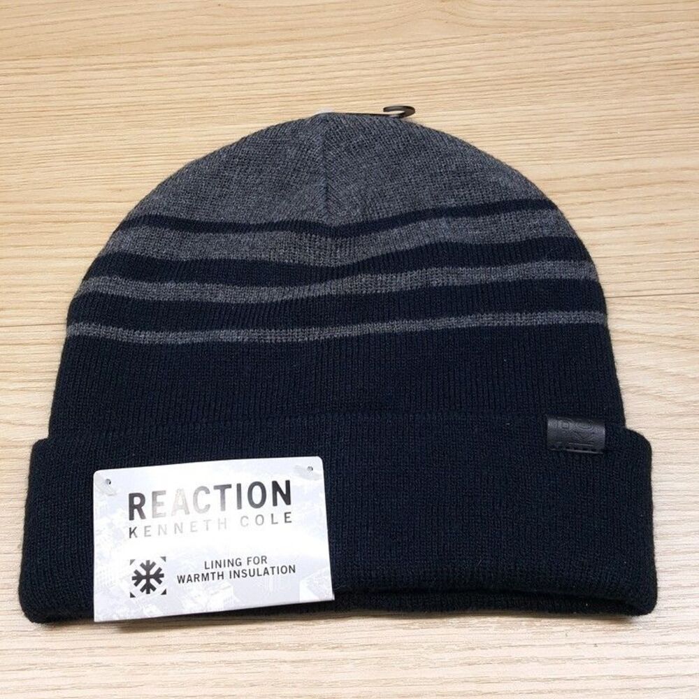 KENNETH COLE REACTION Mens Beanie Hat Navy Stripe Fold Over Cuff Stretch Knit